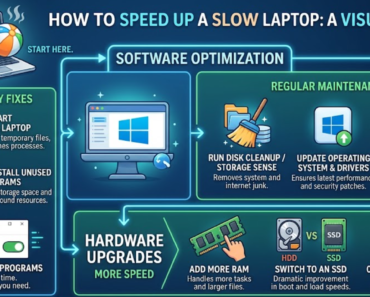 how to speed up a slow laptop — person using a laptop at a desk