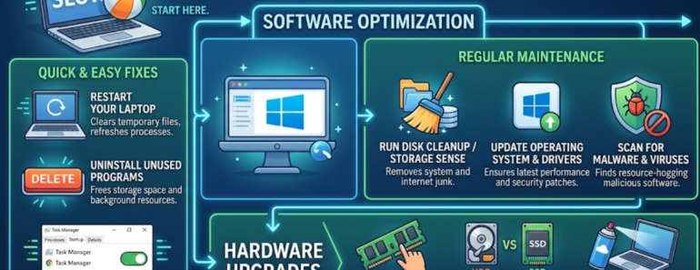 how to speed up a slow laptop — person using a laptop at a desk