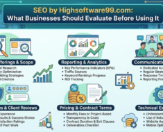 An infographic titled "SEO by Highsoftware99.com: What Businesses Should Evaluate Before Using It" organized into six key evaluation pillars.
