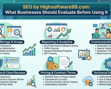 An infographic titled "SEO by Highsoftware99.com: What Businesses Should Evaluate Before Using It" organized into six key evaluation pillars.