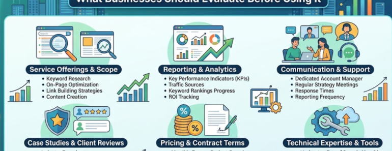 An infographic titled "SEO by Highsoftware99.com: What Businesses Should Evaluate Before Using It" organized into six key evaluation pillars.