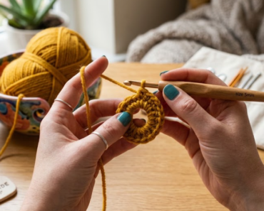 A close-up shot of a person's hands performing the magic ring crochet technique with vibrant yellow yarn and a wooden crochet hook. The hands are positioning the yarn into a loop over a wooden tabletop, surrounded by craft tools, yarn skeins in a bowl, and written crochet instructions.