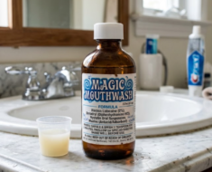 An amber glass prescription bottle labeled "MAGIC MOUTHWASH" sits on a marble bathroom countertop next to a small plastic dosage cup filled with an opaque liquid.