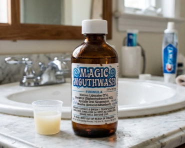 An amber glass prescription bottle labeled "MAGIC MOUTHWASH" sits on a marble bathroom countertop next to a small plastic dosage cup filled with an opaque liquid.