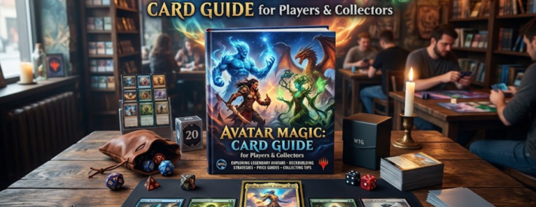 A high-quality book cover and promotional display for "Avatar Magic: The Gathering Card Guide for Players & Collectors